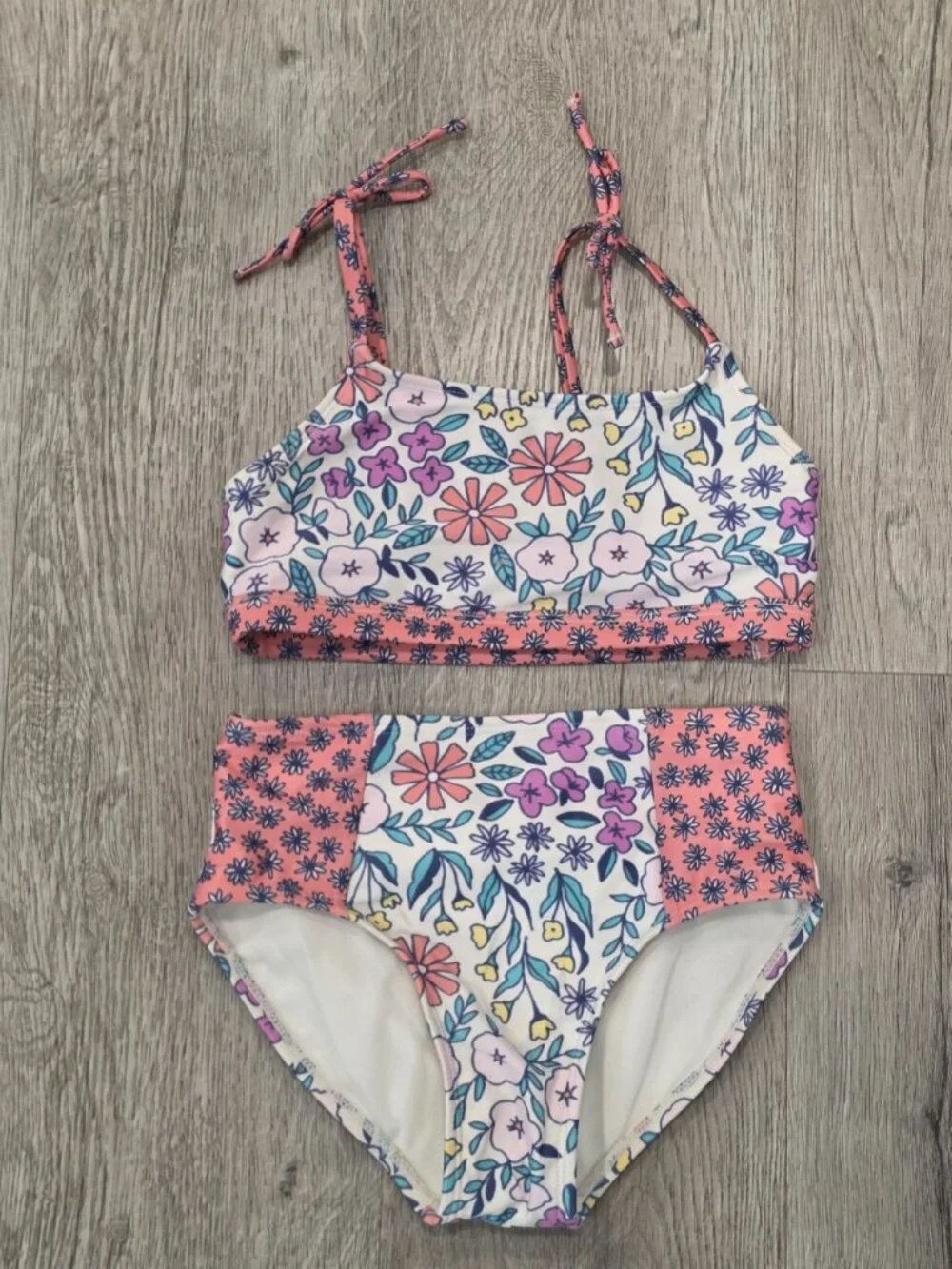 Girls Cat & Jack Floral Two-Piece Swimsuit With Tie Straps Size S Multicolor sz